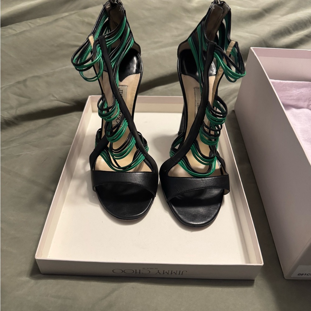 Jimmy Choo Black and Green Corsica Strappy Heels